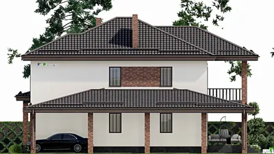 Проект двухэтажного дома 13 на 17, площадью 270 м² с террасой, балконом и 3 спальнями — фасад 5