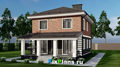 Проект двухэтажного дома 9 на 10, площадью 210 м² с террасой, цокольным этажом и 3 спальнями — фасад 2