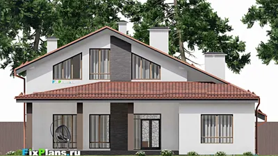 Проект дома с мансардой 16 на 18, площадью 300 м² с террасой, баней, гаражом на 1 машину и 4 спальнями — фасад 6