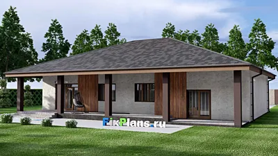 Проект одноэтажного дома 17 на 20, площадью 360 м² с террасой, цокольным этажом, баней, гаражом на 1 машину и 2 спальнями — фасад 2