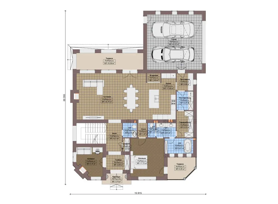 Проект двухэтажного дома 16 на 21, площадью 280 м² с террасой, балконом, гаражом на 2 машины и 4 спальнями — 1-й этаж