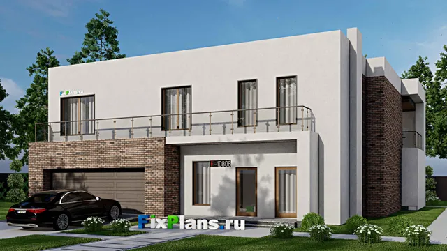 Проект двухэтажного дома 18 на 18, площадью 330 м² с террасой, балконом, гаражом на 2 машины и 3 спальнями