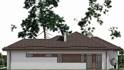 Проект одноэтажного дома 12 на 19, площадью 150 м² с террасой, гаражом на 1 машину и 3 спальнями — фасад 5