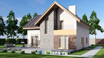 Проект дома с мансардой 16 на 17, площадью 300 м² с террасой, балконом, гаражом на 1 машину и 4 спальнями — фасад 2