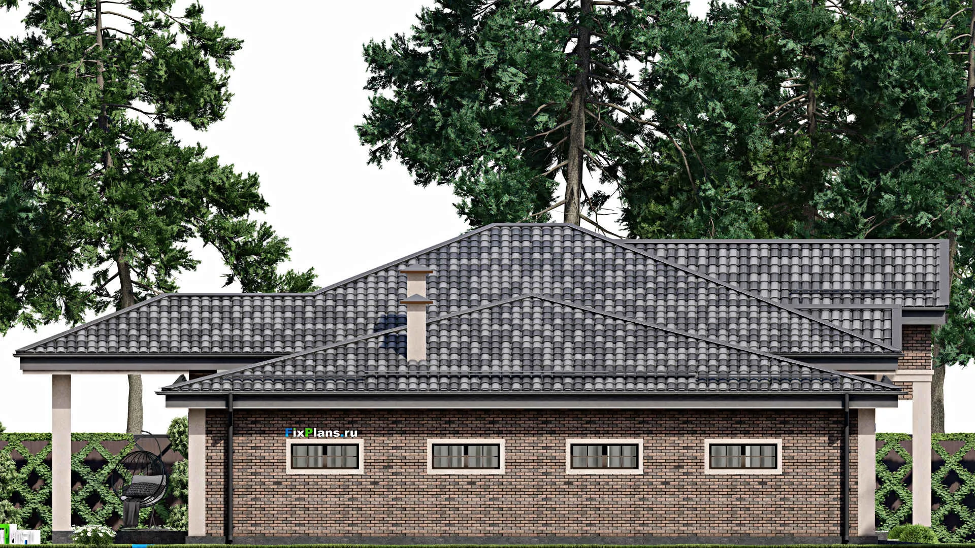 F-9512 - Проект одноэтажного дома 19 на 20, площадью 240 м² с террасой, гаражом на 2 машины и 4 спальнями