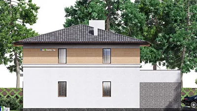 Проект двухэтажного дома 17 на 17, площадью 340 м² с балконом, гаражом на 2 машины и 6 спальнями — фасад 4