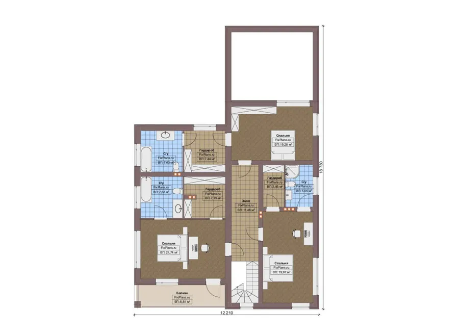 Проект двухэтажного дома 13 на 19, площадью 550 м² с террасой, балконом, баней, бассейном и 8 спальнями — 2-й этаж