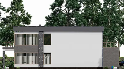 Проект двухэтажного дома 14 на 24, площадью 440 м² с террасой, балконом, гаражом на 2 машины и 6 спальнями — фасад 4