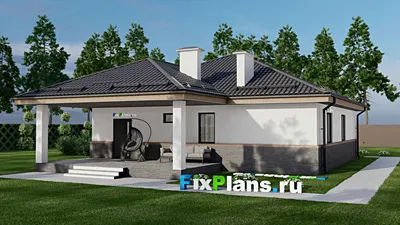 Проект одноэтажного дома 12 на 13, площадью 160 м² с террасой и 3 спальнями — фасад 2