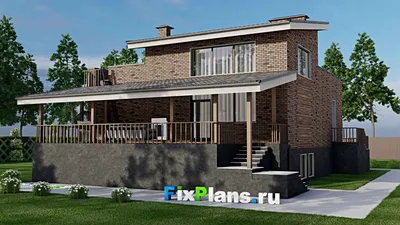 Проект одноэтажного дома 14 на 18, площадью 280 м² с цокольным этажом, гаражом на 2 машины и 3 спальнями — фасад 2