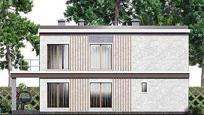 Проект двухэтажного дома 16 на 16, площадью 280 м² с террасой, балконом, гаражом на 2 машины и 4 спальнями — фасад 4