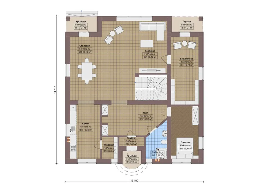 Проект дома с мансардой 14 на 15, площадью 280 м² с террасой, балконом и 4 спальнями — 1-й этаж