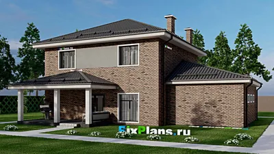 Проект двухэтажного дома 11 на 17, площадью 230 м² с террасой, гаражом на 2 машины и 4 спальнями — фасад 2