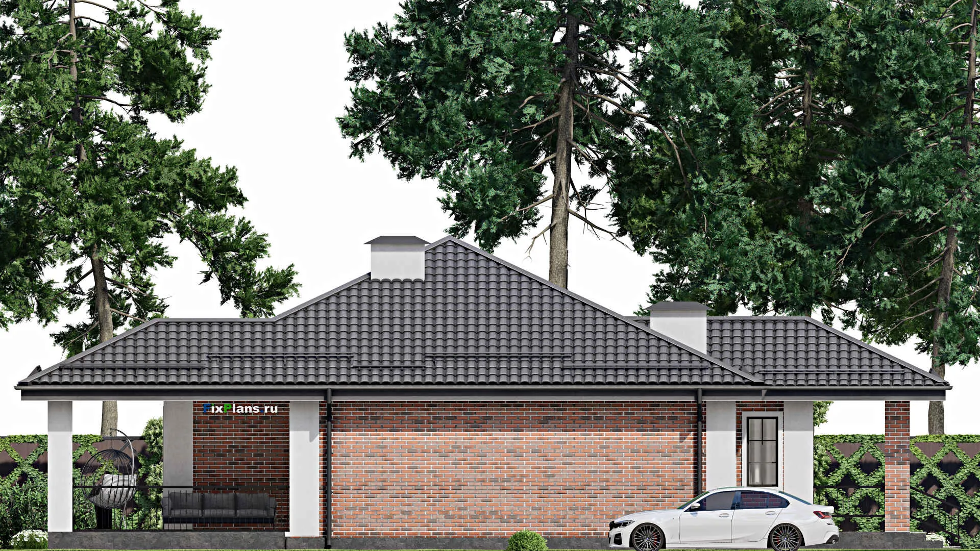 F-3194 - Проект одноэтажного дома 13 на 14, площадью 140 м² с террасой и 3 спальнями