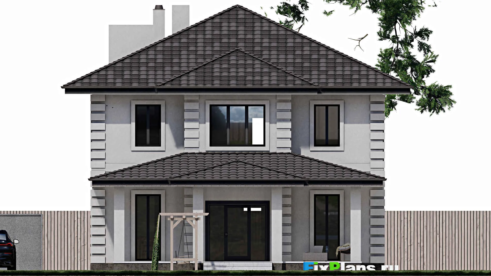 F-0863 - Проект двухэтажного дома 11 на 12, площадью 200 м² с террасой и 4 спальнями