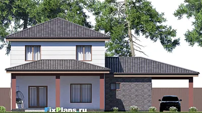 Проект двухэтажного дома 16 на 18, площадью 240 м² с террасой, гаражом на 1 машину и 4 спальнями — фасад 6