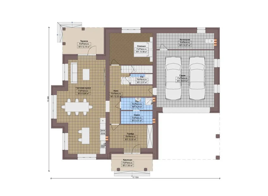Проект двухэтажного дома 16 на 18, площадью 250 м² с террасой, баней, гаражом на 2 машины и 4 спальнями — 1-й этаж