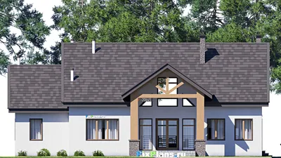 Проект двухэтажного дома 18 на 20, площадью 440 м² с террасой, цокольным этажом, гаражом на 1 машину и 3 спальнями — фасад 3