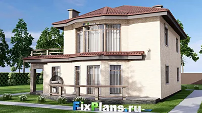 Проект двухэтажного дома 14 на 18, площадью 300 м² с террасой, балконом, гаражом на 1 машину и 3 спальнями — фасад 2