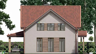 Проект дома с мансардой 11 на 11, площадью 250 м² с террасой, навесом для машины и 5 спальнями — фасад 4