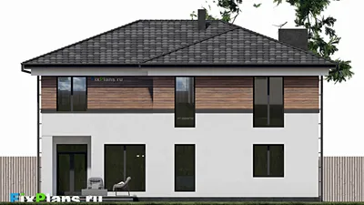 Проект двухэтажного дома 14 на 16, площадью 290 м² с террасой, балконом, гаражом на 2 машины и 2 спальнями — фасад 4