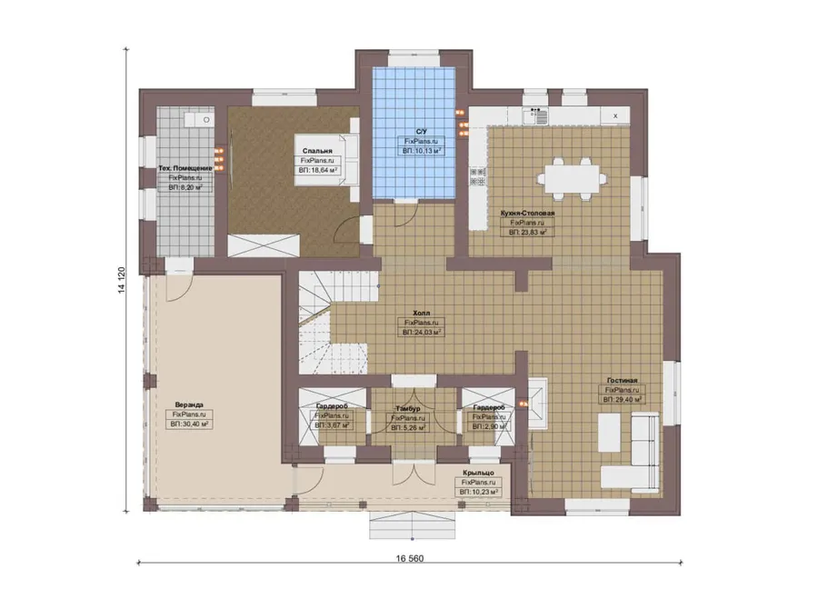 Проект двухэтажного дома 15 на 17, площадью 280 м² с террасой, балконом и 4 спальнями — 1-й этаж