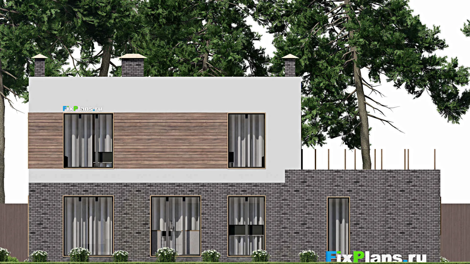 F-7784 - Проект двухэтажного дома 12 на 17, площадью 280 м² с балконом, баней, гаражом на 1 машину и 4 спальнями