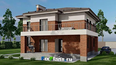 Проект двухэтажного дома 14 на 16, площадью 270 м² с террасой, балконом и 6 спальнями — фасад 2