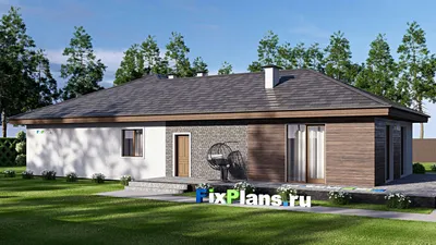 Проект одноэтажного дома 18 на 24, площадью 270 м² с террасой, баней, гаражом на 2 машины и 3 спальнями — фасад 2