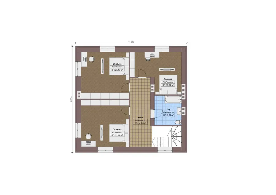 Проект двухэтажного дома 13 на 17, площадью 260 м² с террасой, баней, гаражом на 1 машину и 3 спальнями — 2-й этаж