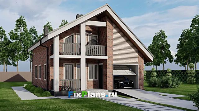 Проект дома с мансардой 9 на 14, площадью 150 м² с балконом, гаражом на 1 машину и 3 спальнями