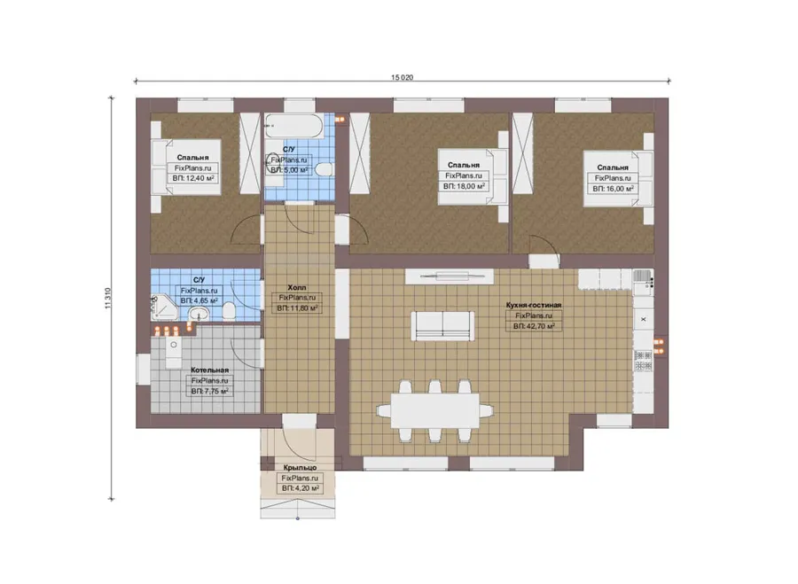 Проект одноэтажного дома 12 на 16, площадью 130 м² с 3 спальнями — 1-й этаж