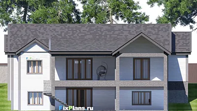Проект одноэтажного дома 21 на 34, площадью 710 м² с террасой, цокольным этажом, гаражом на 2 машины и 4 спальнями — фасад 6