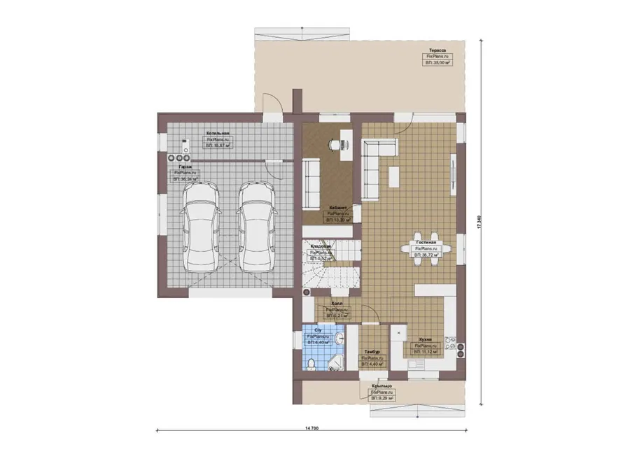 Проект дома с мансардой 15 на 18, площадью 270 м² с террасой, балконом, гаражом на 2 машины и 3 спальнями — 1-й этаж