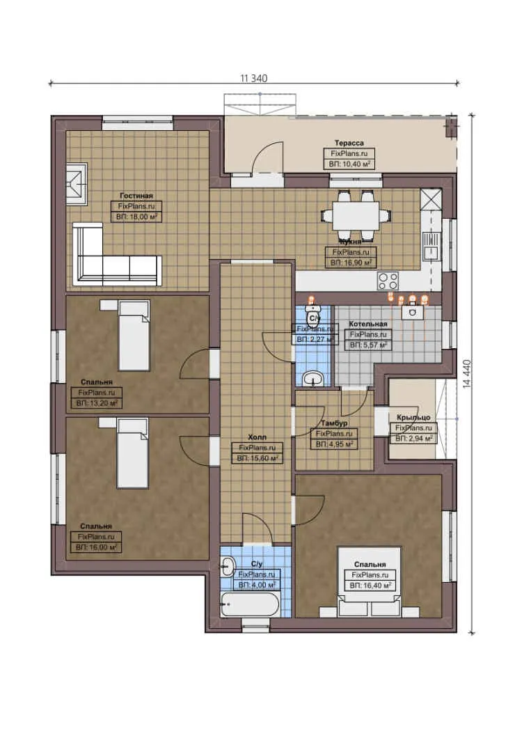 F-1043 - План одноэтажного дома 12 на 15, площадью 130 м² с террасой и 3 спальнями