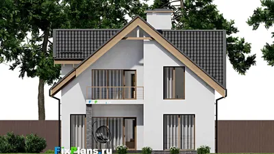 Проект дома с мансардой 11 на 19, площадью 240 м² с террасой, балконом, гаражом на 1 машину и 3 спальнями — фасад 6
