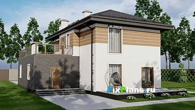 Проект двухэтажного дома 14 на 18, площадью 270 м² с террасой, балконом, гаражом на 1 машину и 4 спальнями — фасад 2