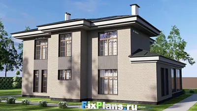 Проект двухэтажного дома 15 на 17, площадью 280 м² с террасой, балконом и 4 спальнями — фасад 2