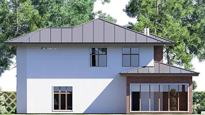 Проект двухэтажного дома 19 на 20, площадью 360 м² с террасой, балконом, гаражом на 1 машину и 5 спальнями — фасад 5