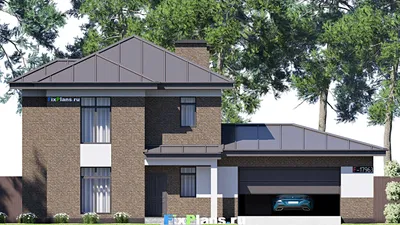 Проект двухэтажного дома 17 на 18, площадью 250 м² с террасой, гаражом на 2 машины и 4 спальнями — фасад 3