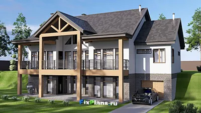 Проект двухэтажного дома 18 на 20, площадью 440 м² с террасой, цокольным этажом, гаражом на 1 машину и 3 спальнями — фасад 2