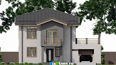 Проект двухэтажного дома 14 на 14, площадью 300 м² с террасой, балконом, гаражом на 1 машину, бассейном и 4 спальнями — фасад 3