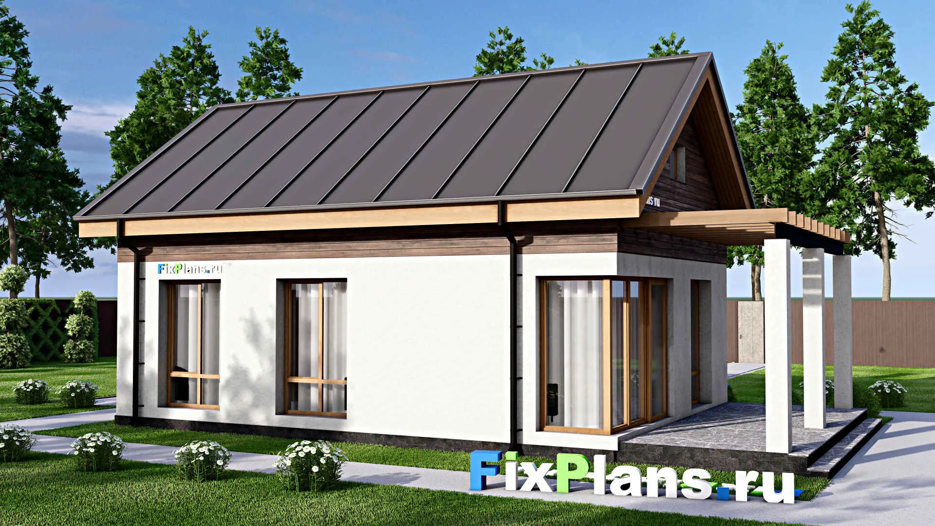 F-16010 - Проект одноэтажного дома 8 на 13, площадью 70 м² с террасой и 3 спальнями