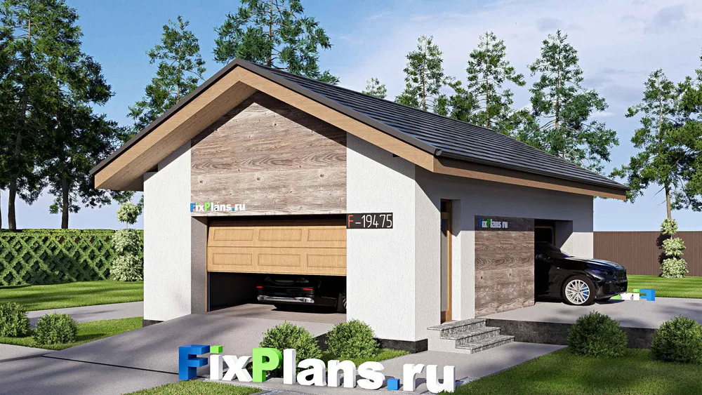 Проект гаража из газобетона 7 на 11, площадью 60 м² на 2 машиноместа — фасад 1