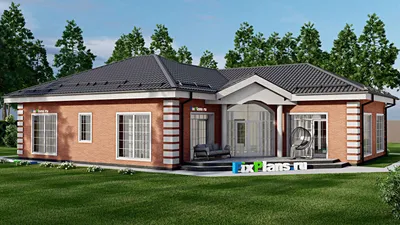 Проект одноэтажного дома 15 на 19, площадью 210 м² с террасой, гаражом на 1 машину и 3 спальнями — фасад 2