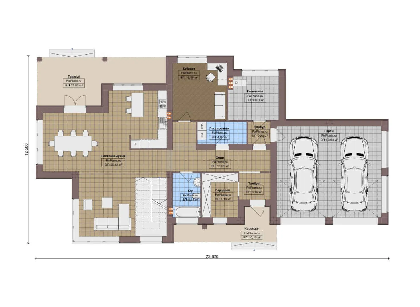 F-16991 - Планы двухэтажного дома 13 на 24, площадью 300 м² с террасой, гаражом на 2 машины и 3 спальнями