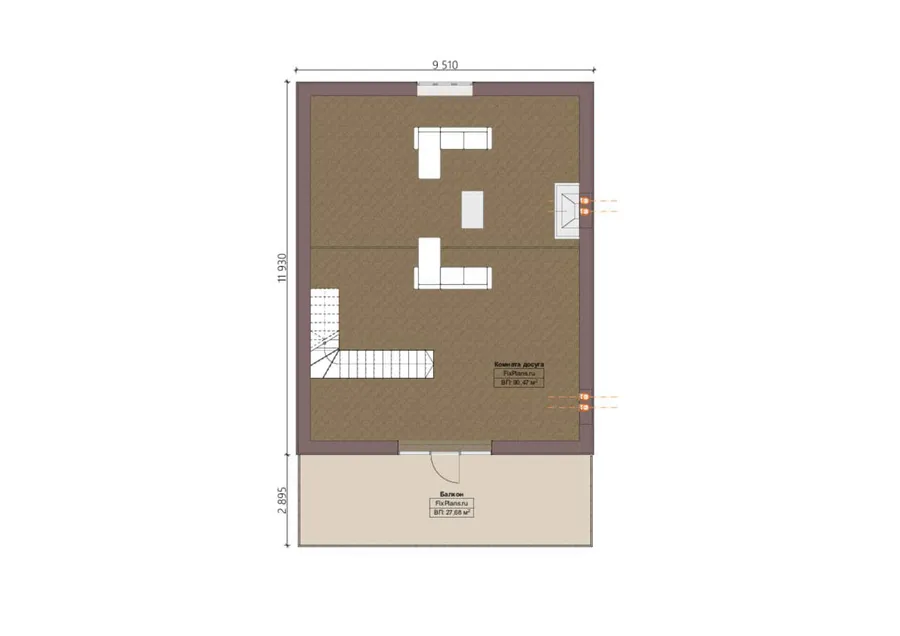 Проект дома с мансардой 15 на 26, площадью 400 м² с террасой, балконом, баней, гаражом на 1 машину и 3 спальнями — 2-й этаж