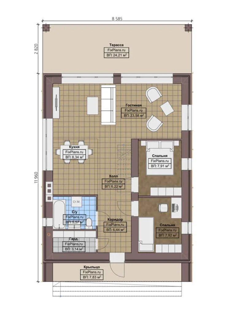 F-0314 - Планы дома с мансардой 9 на 12, площадью 140 м² с террасой и 3 спальнями
