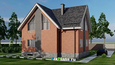 Проект дома с мансардой 11 на 13, площадью 270 м² с террасой, балконом, цокольным этажом и 6 спальнями — фасад 2