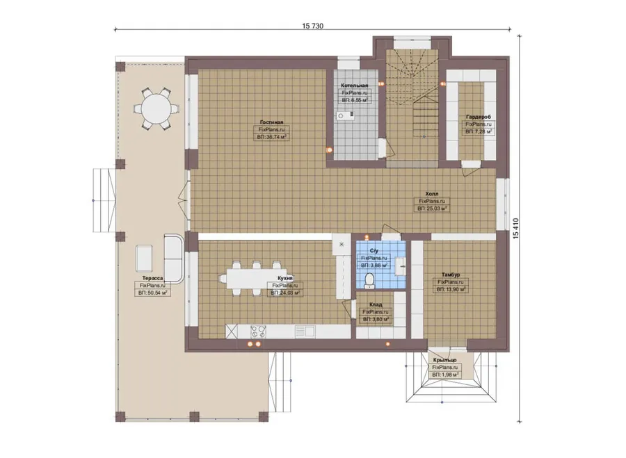 Проект двухэтажного дома 16 на 16, площадью 290 м² с террасой и 3 спальнями — 1-й этаж